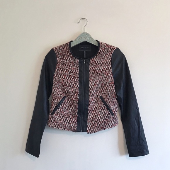 NWT BCBGMaxAzria Tweed Faux Leather Sleeve Jacket - Picture 1 of 6